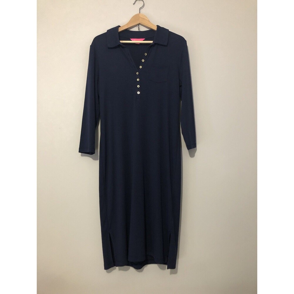 Lilly Pulitzer Navy Long Sleeve Dress Women’s Large Gold Button V Neck